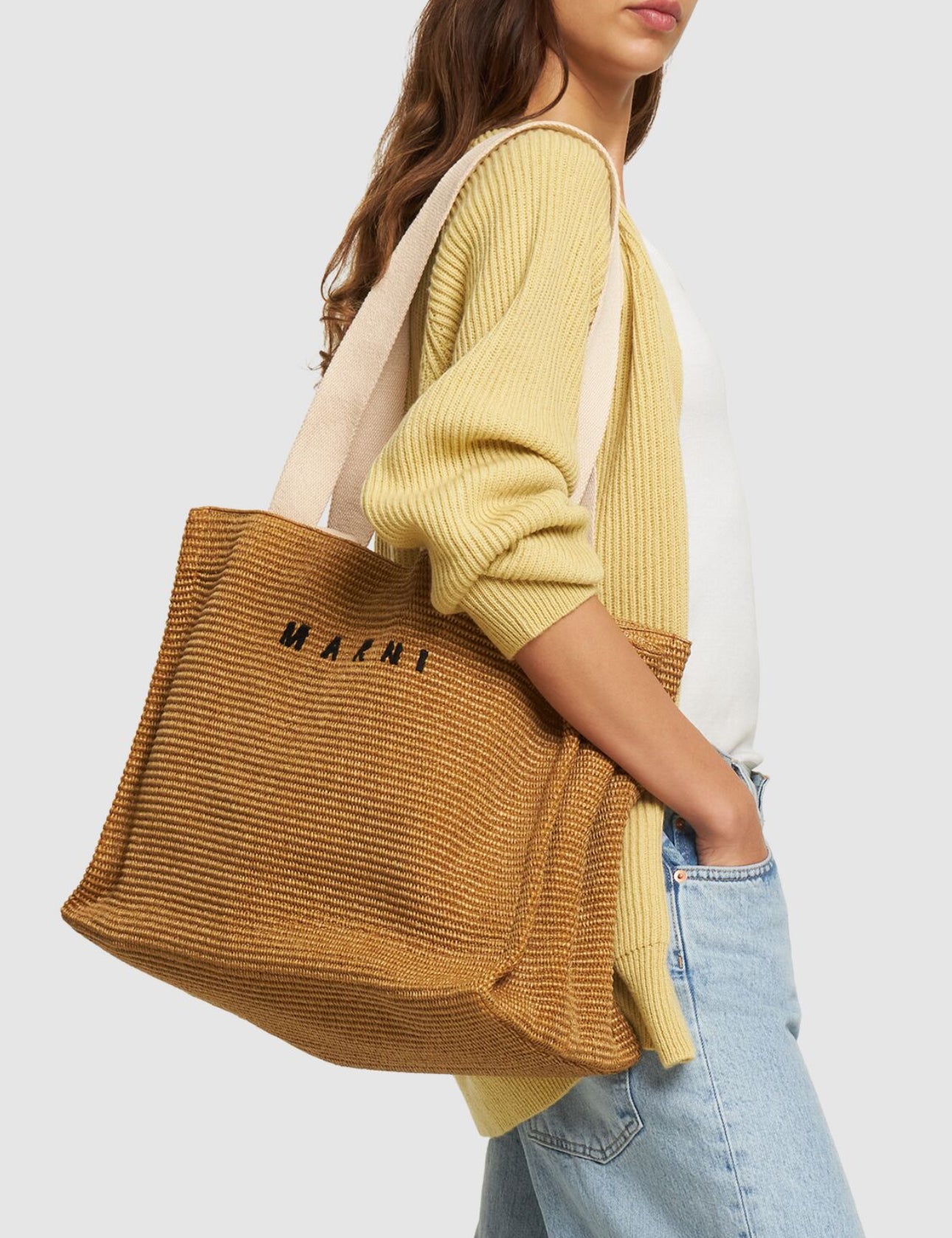 Marni Large Logo Raffia Effect Tote Bag