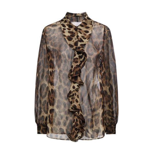 Dolce&Gabbana Leopard Print Ruffled Silk Chiffon Shirt